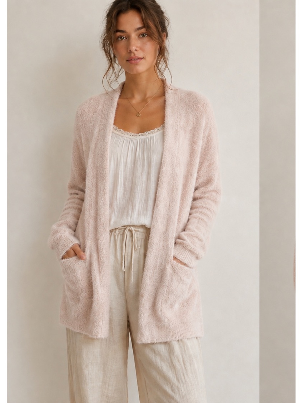 Soft Cozy Open-Front Women's Cottagecore Cardigan Sweater Cream Pink X-Large